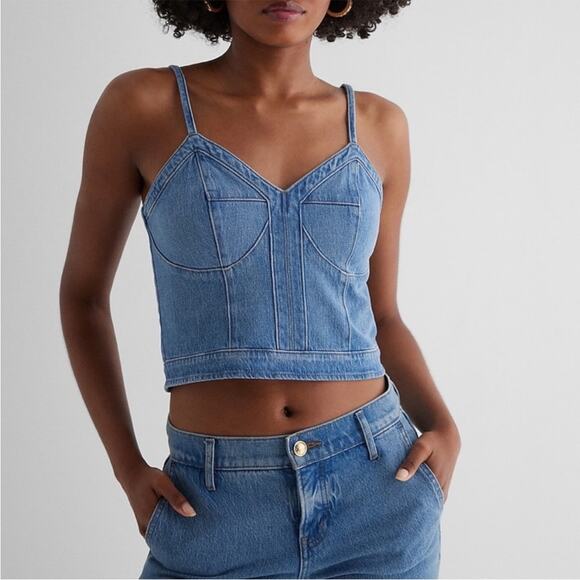 Express Denim Cropped Corset Top Size 8 Festival Smocked Back Zipper Rodeo - Picture 1 of 11